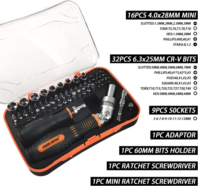 TOOLMAK 61pcs Ratcheting Screwdriver Set,Socket Set,Precision Screwdriver Bit Set with Rotatable Ratchet Handles ＆ Storage Case,Household Repair Tool Kits for Bike Watches and glasses,phones etc - Image 2